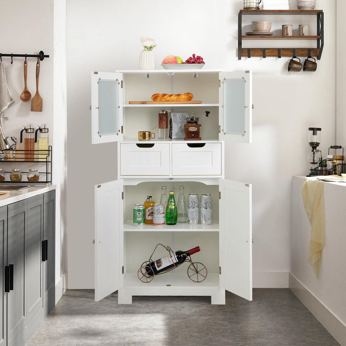 3-Tier Freestanding Bathroom Cabinet with Glass Doors - White-Floor Cabinets-DECOROLALA