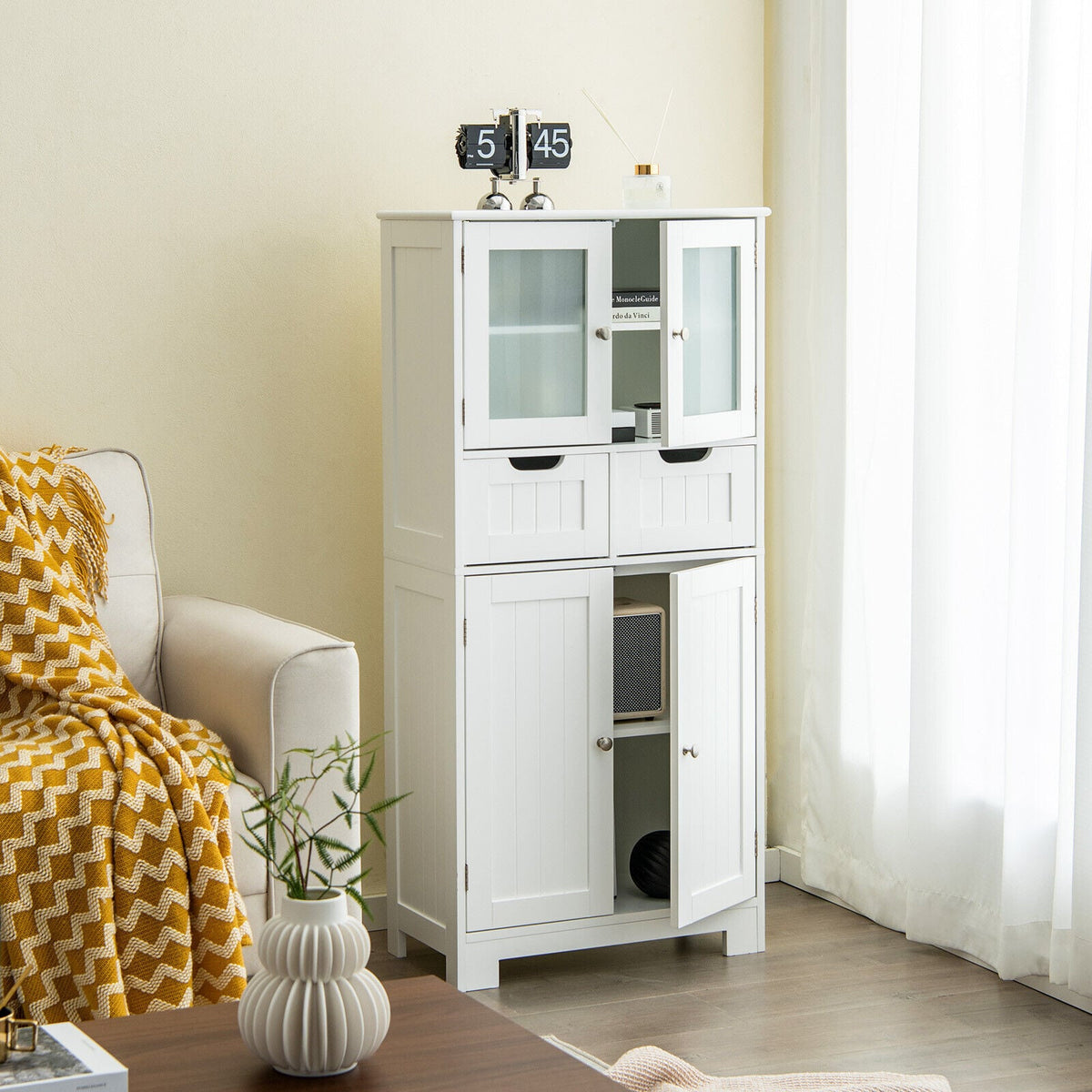 3-Tier Freestanding Bathroom Cabinet with Glass Doors - White-Floor Cabinets-DECOROLALA