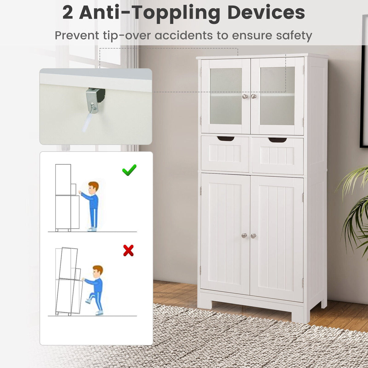 3-Tier Freestanding Bathroom Cabinet with Glass Doors - White-Floor Cabinets-DECOROLALA