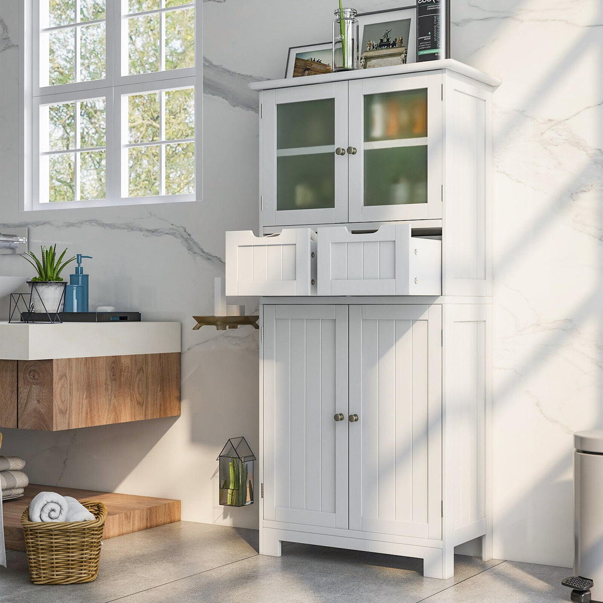3-Tier Freestanding Bathroom Cabinet with Glass Doors - White-Floor Cabinets-DECOROLALA