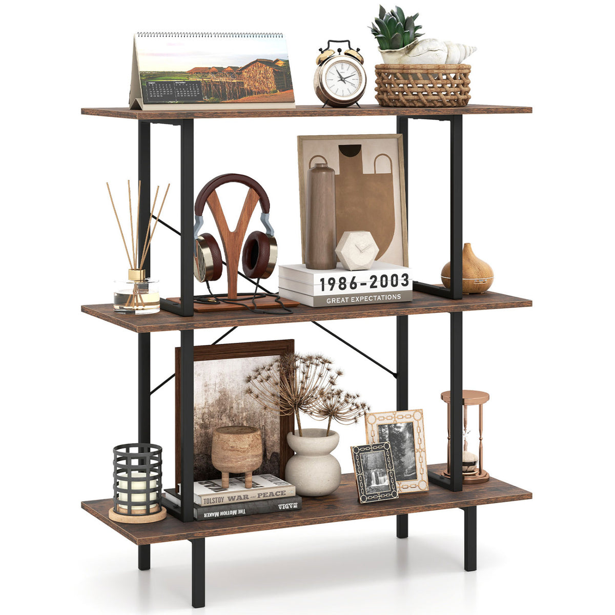 3-Tier Freestanding Bookshelf with Open Shelves and Metal Frame for Living Room-Rustic Brown-Bookcases-DECOROLALA