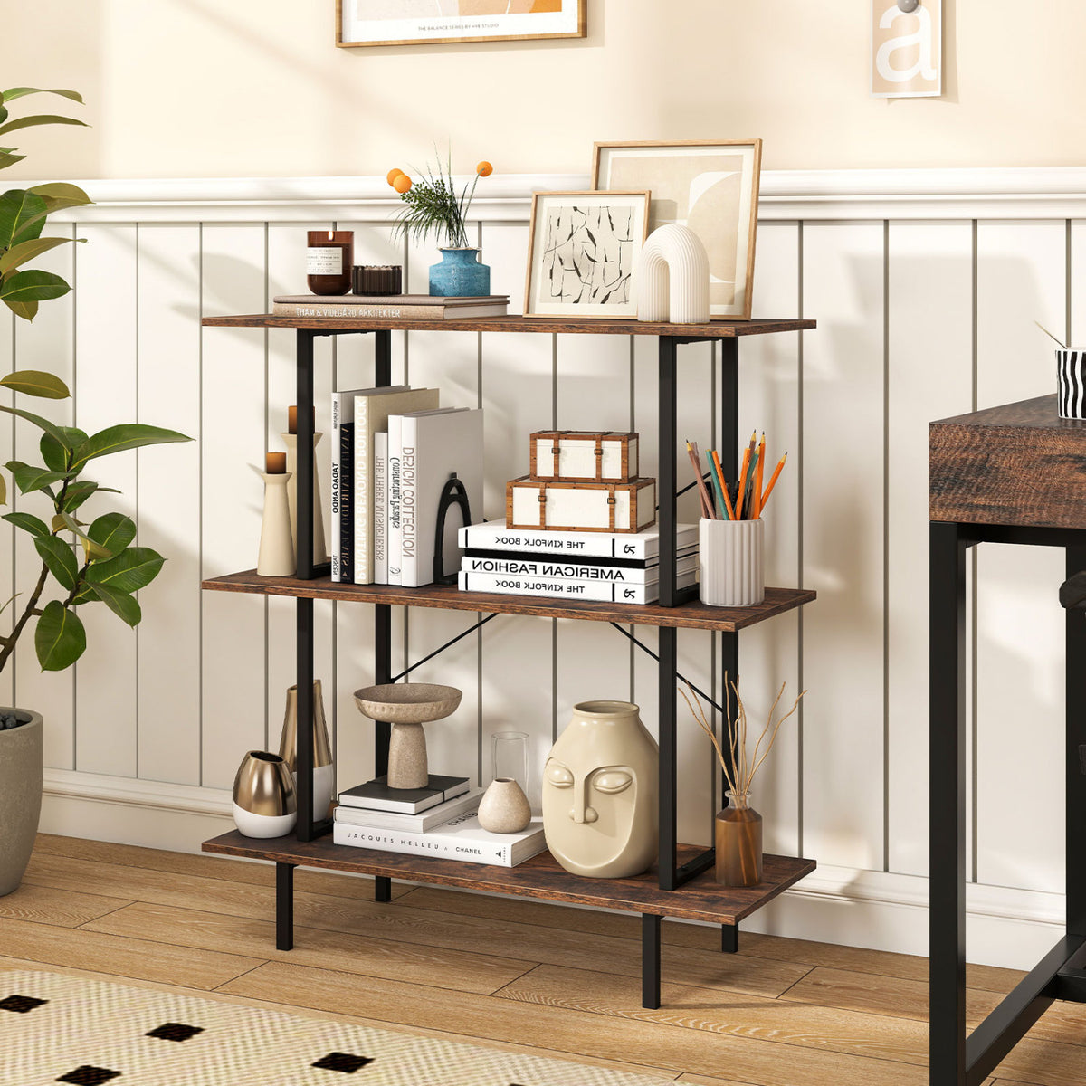 3-Tier Freestanding Bookshelf with Open Shelves and Metal Frame for Living Room-Rustic Brown-Bookcases-DECOROLALA