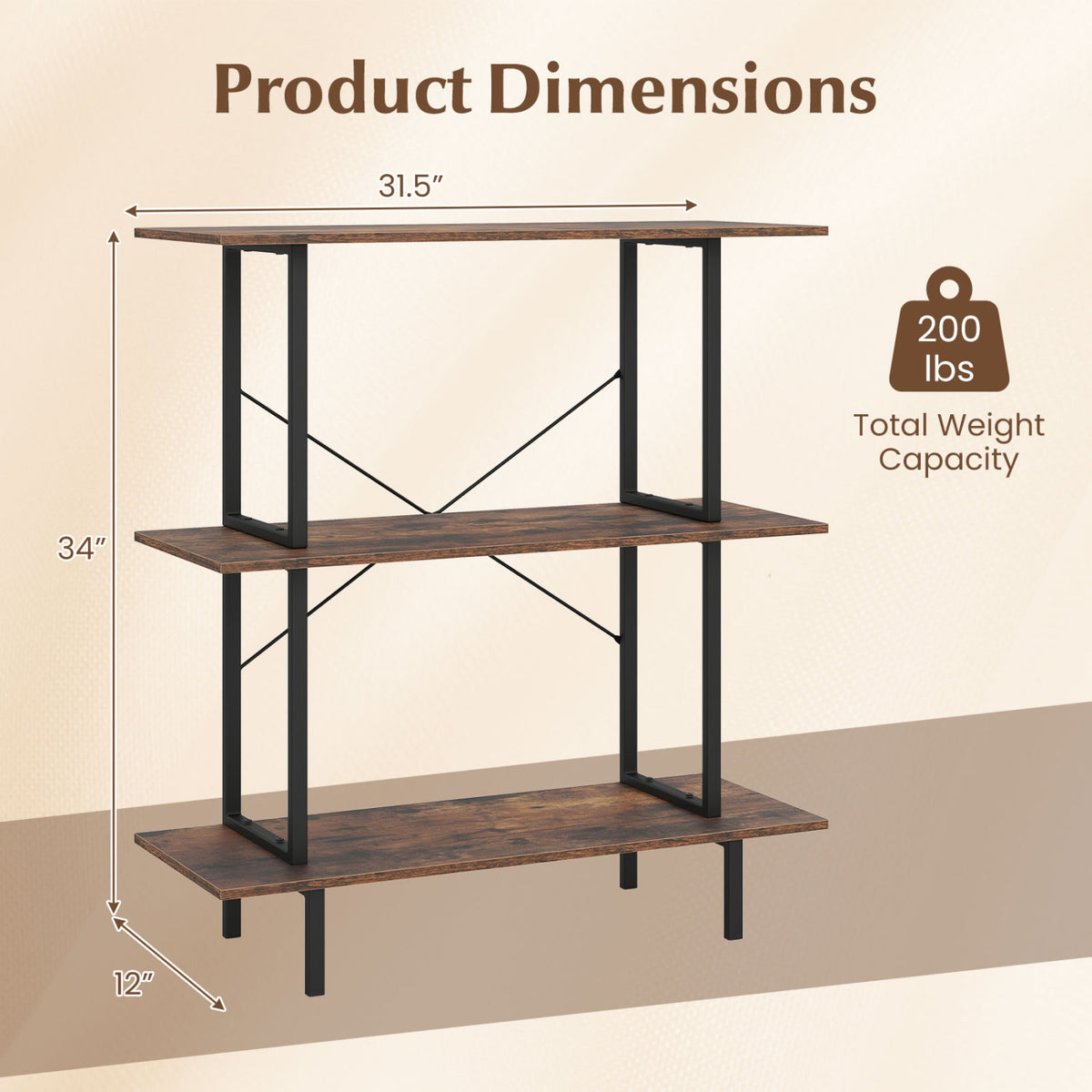 3-Tier Freestanding Bookshelf with Open Shelves and Metal Frame for Living Room-Rustic Brown-Bookcases-DECOROLALA