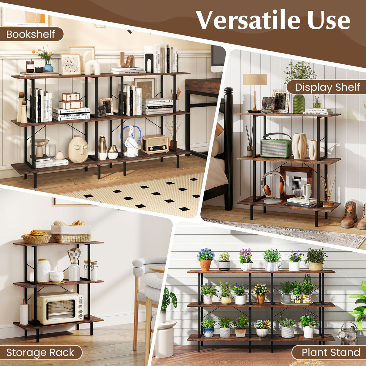 3-Tier Freestanding Bookshelf with Open Shelves and Metal Frame for Living Room-Rustic Brown-Bookcases-DECOROLALA