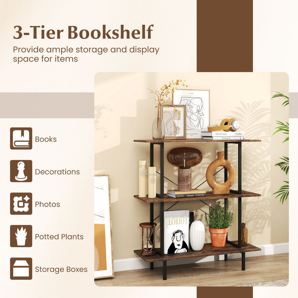 3-Tier Freestanding Bookshelf with Open Shelves and Metal Frame for Living Room-Rustic Brown-Bookcases-DECOROLALA