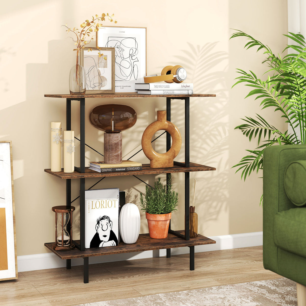 3-Tier Freestanding Bookshelf with Open Shelves and Metal Frame for Living Room-Rustic Brown-Bookcases-DECOROLALA