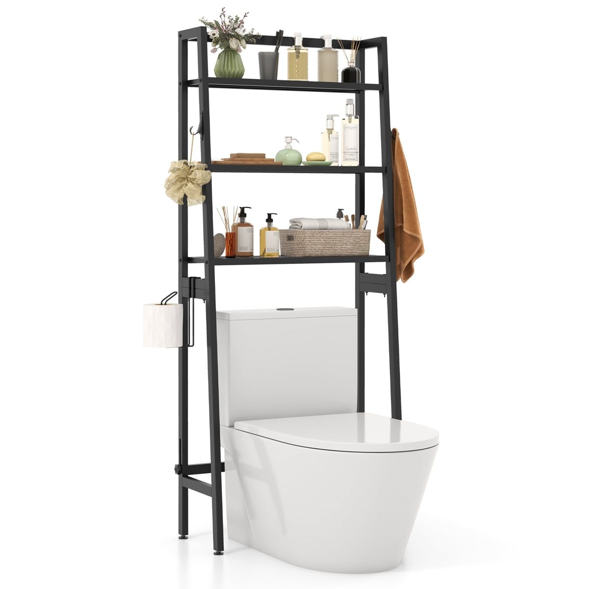 3-Tier Freestanding Over The Toilet Storage Shelf with Adjustable Bottom Bar-Black-Over the Toilet Storage-DECOROLALA
