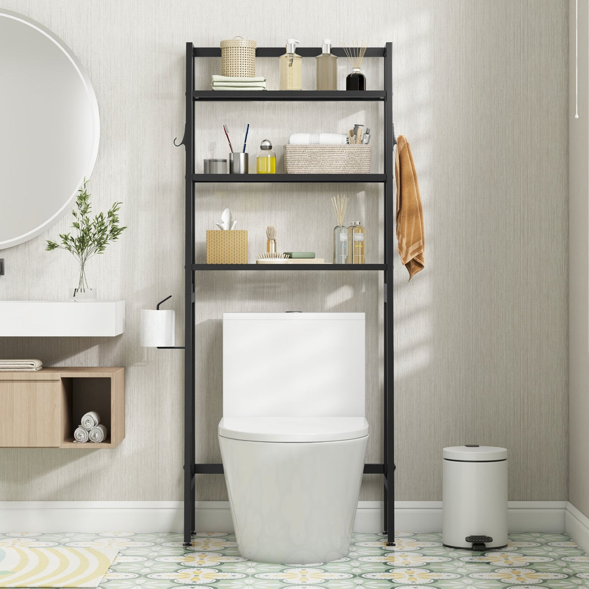 3-Tier Freestanding Over The Toilet Storage Shelf with Adjustable Bottom Bar-Black-Over the Toilet Storage-DECOROLALA