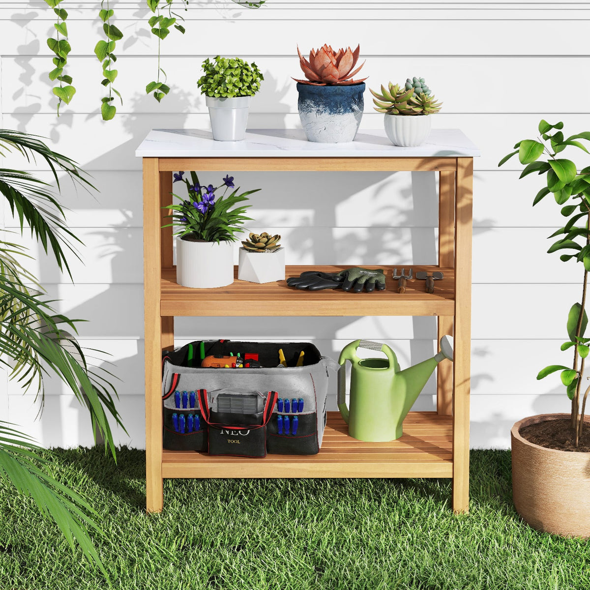 3-Tier Garden Potting Bench Table with Marble-Like Countertop-Potting Benches & Tables-DECOROLALA