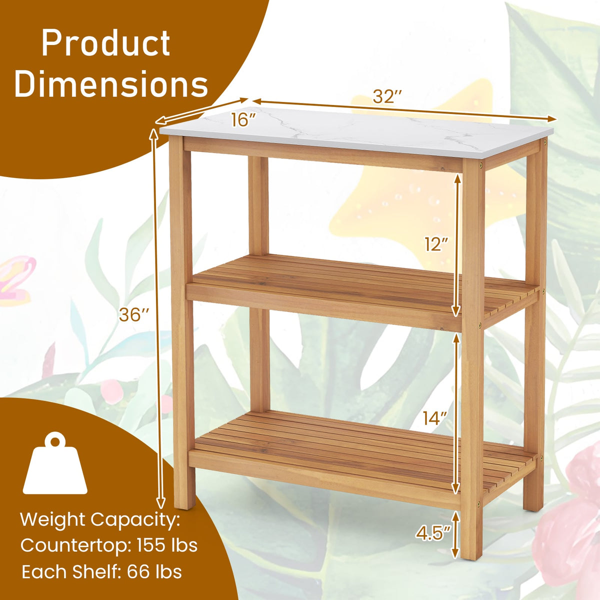 3-Tier Garden Potting Bench Table with Marble-Like Countertop-Potting Benches & Tables-DECOROLALA