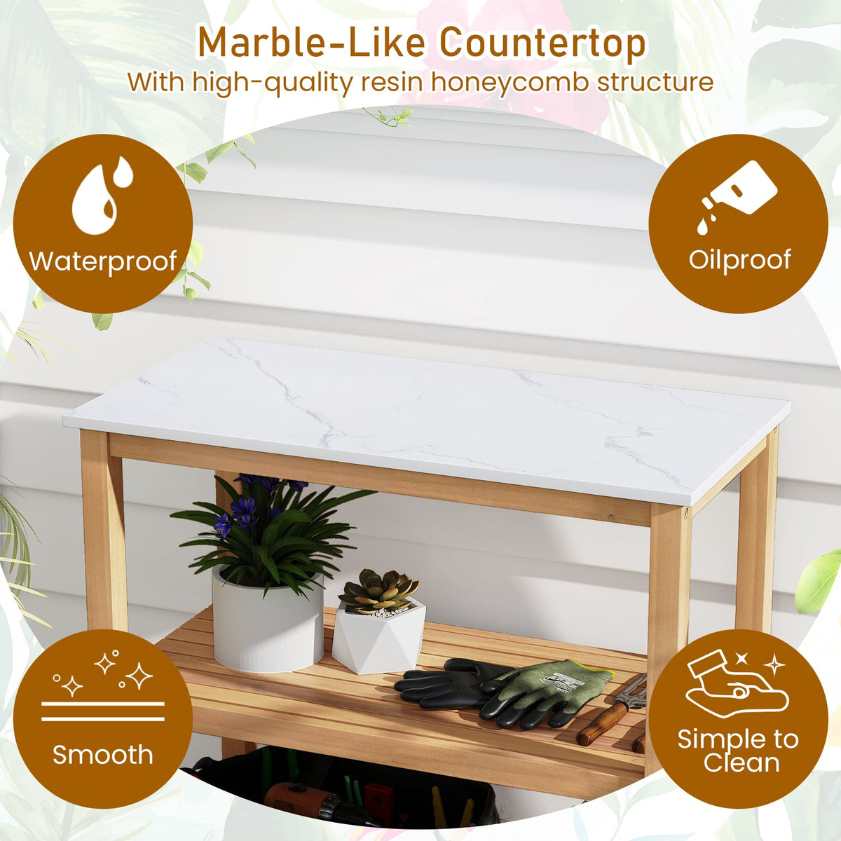 3-Tier Garden Potting Bench Table with Marble-Like Countertop-Potting Benches & Tables-DECOROLALA