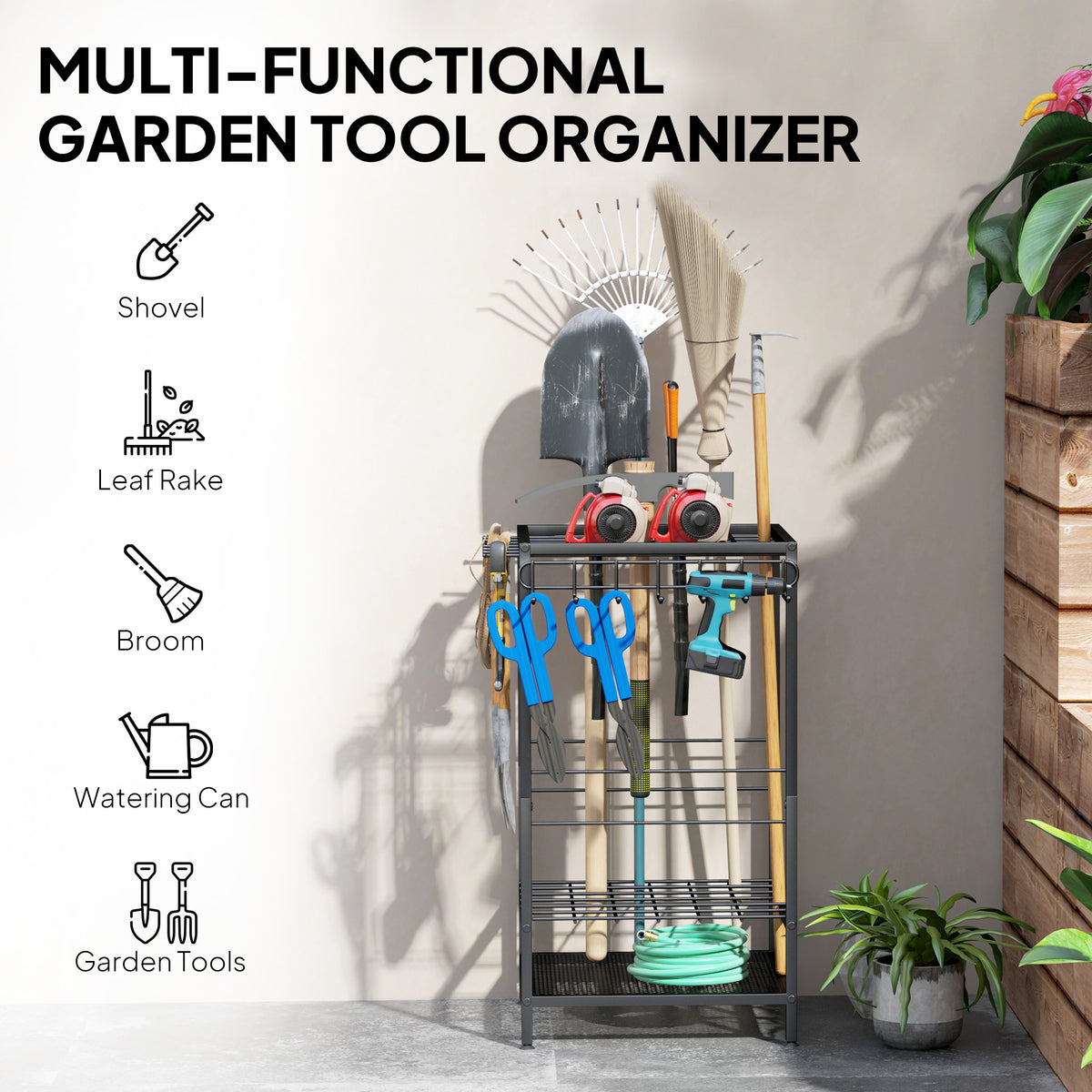 3-Tier Garden Tool Organizer Rack - Black Metal 14 Hooks-Patio & Garden > Lawn & Garden > Garden Accessories-DECOROLALA