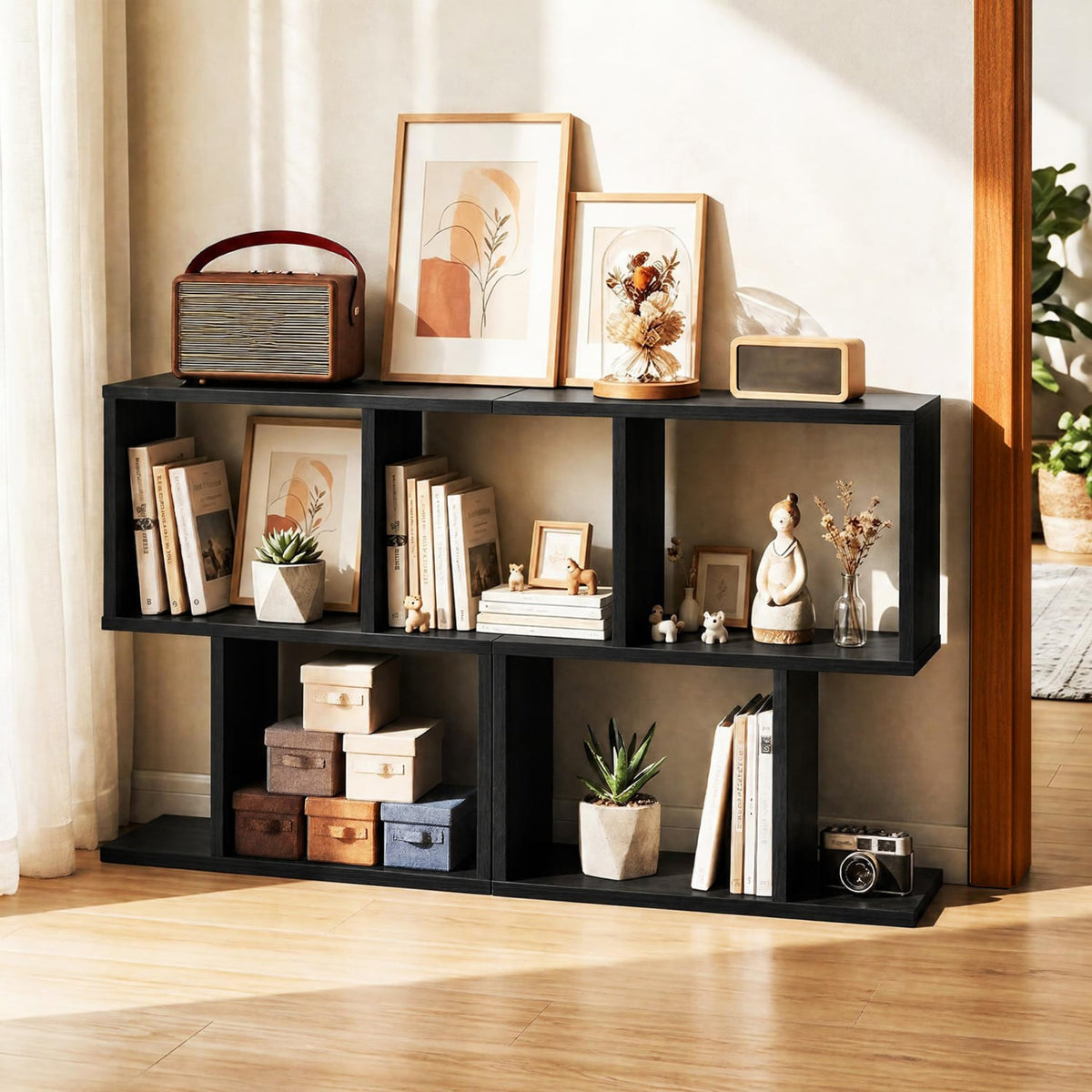 3-Tier Geometric Bookshelf Freestanding Display Shelf Side Table Set of 2-Black-Bookcases-DECOROLALA