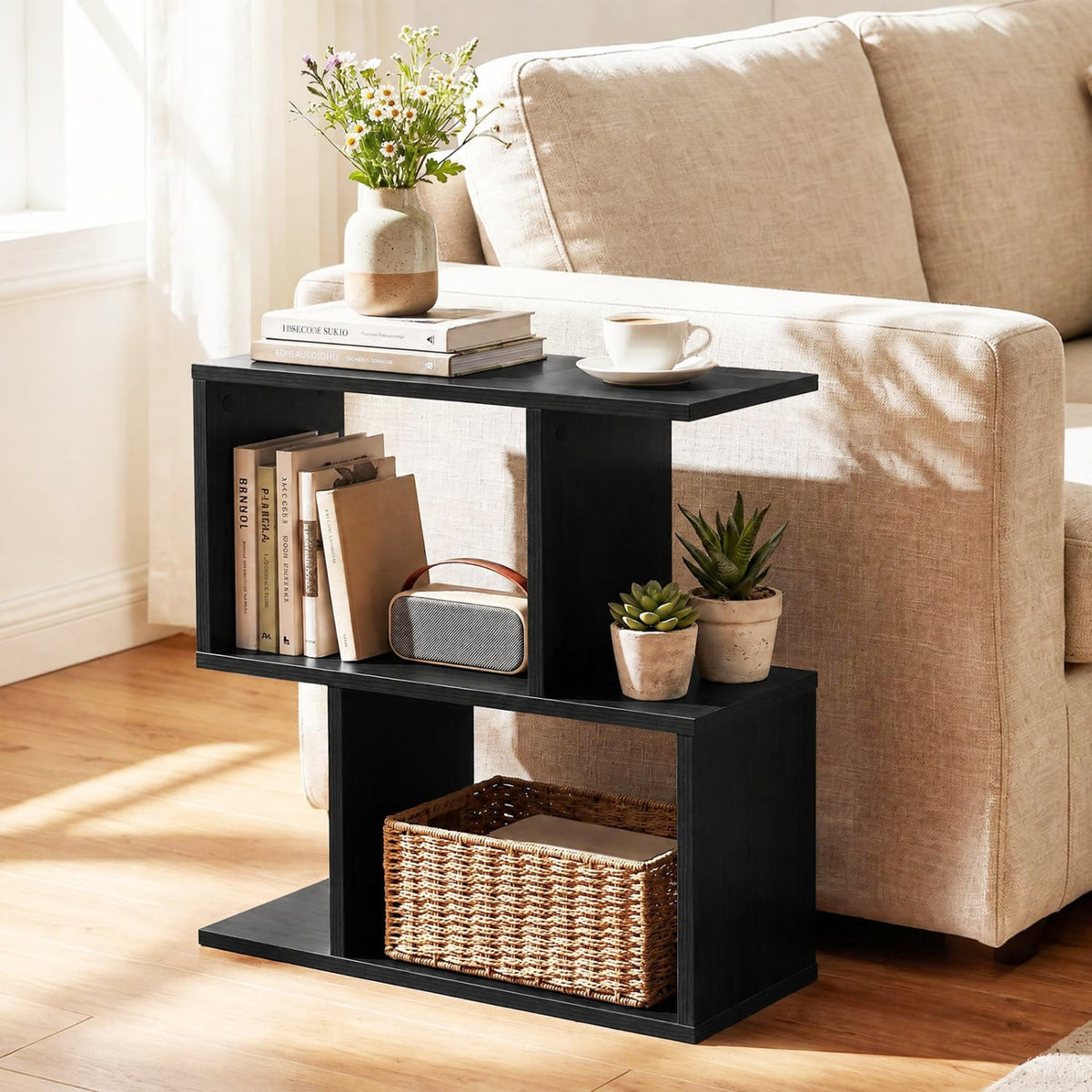 3-Tier Geometric Bookshelf Freestanding Display Shelf Side Table Set of 2-Black-Bookcases-DECOROLALA