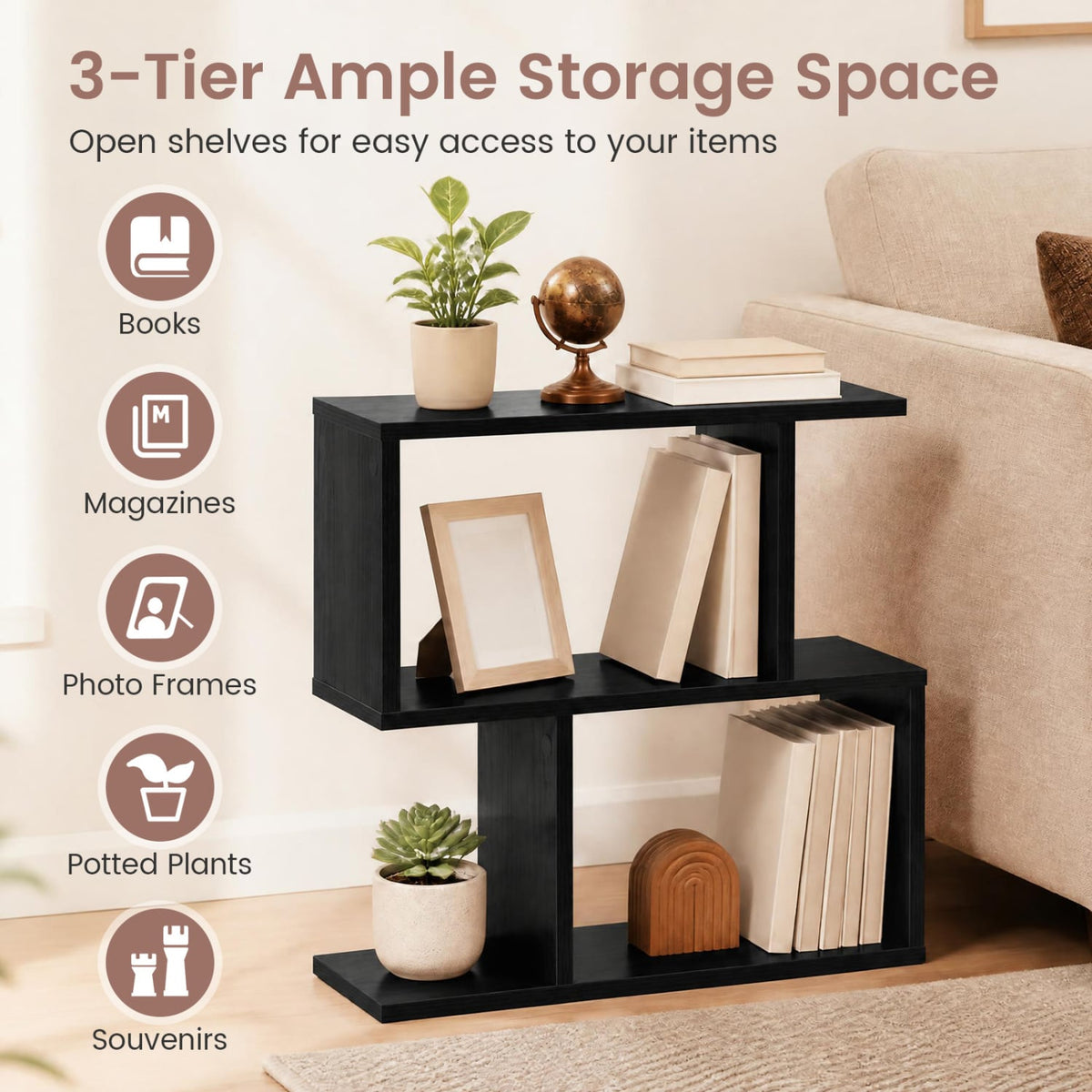 3-Tier Geometric Bookshelf Freestanding Display Shelf Side Table Set of 2-Black-Bookcases-DECOROLALA