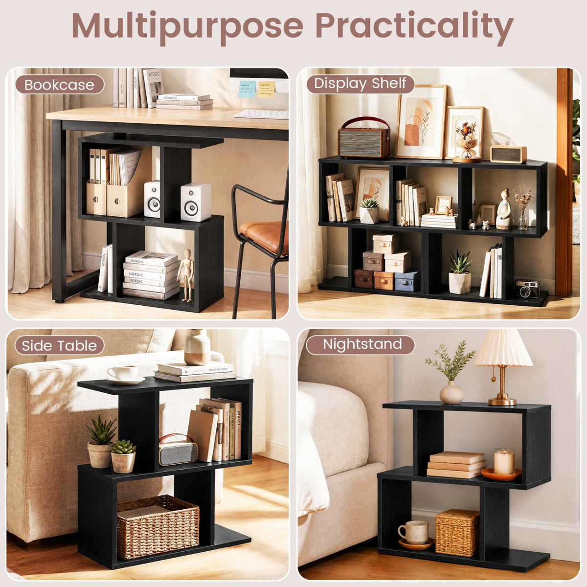 3-Tier Geometric Bookshelf Freestanding Display Shelf Side Table Set of 2-Black-Bookcases-DECOROLALA