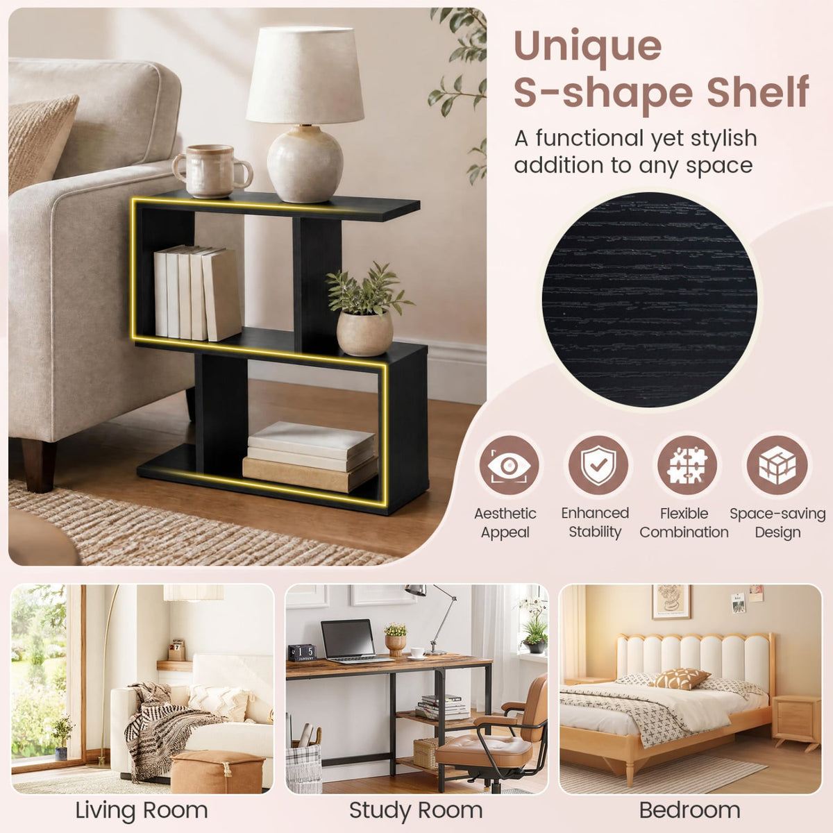 3-Tier Geometric Bookshelf Freestanding Display Shelf Side Table Set of 2-Black-Bookcases-DECOROLALA