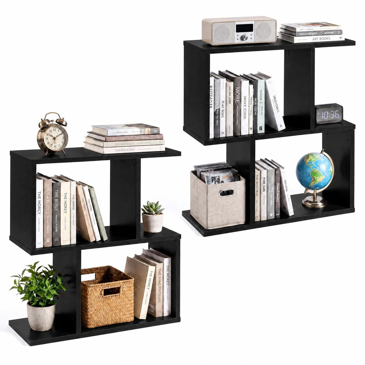 3-Tier Geometric Bookshelf Freestanding Display Shelf Side Table Set of 2-Black-Bookcases-DECOROLALA