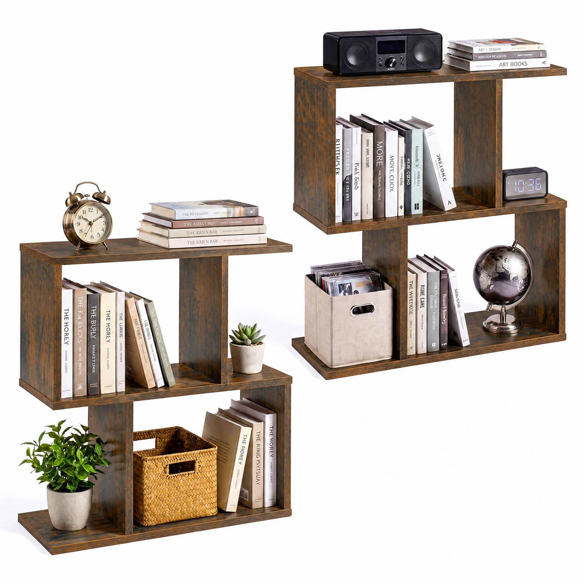 3-Tier Geometric Bookshelf Freestanding Display Shelf Side Table Set of 2-Brown-Bookcases-DECOROLALA