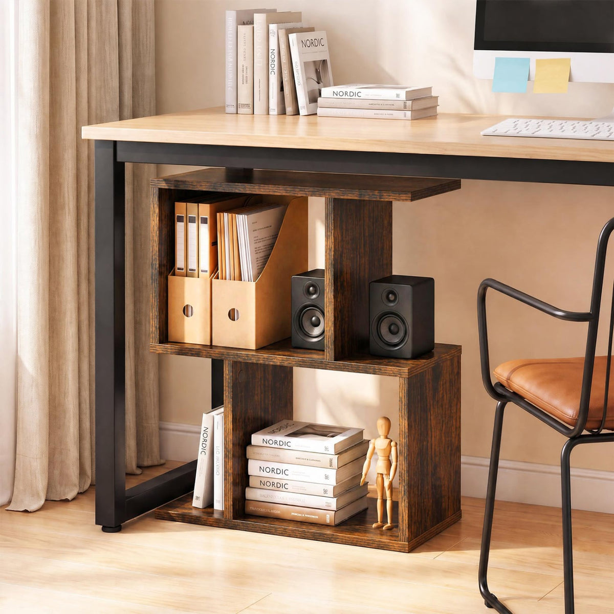 3-Tier Geometric Bookshelf Freestanding Display Shelf Side Table Set of 2-Brown-Bookcases-DECOROLALA