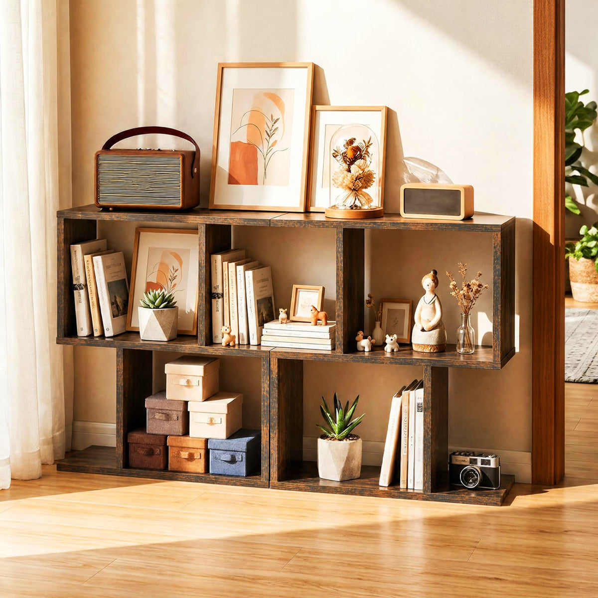 3-Tier Geometric Bookshelf Freestanding Display Shelf Side Table Set of 2-Brown-Bookcases-DECOROLALA