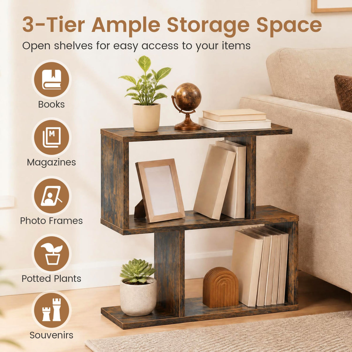 3-Tier Geometric Bookshelf Freestanding Display Shelf Side Table Set of 2-Brown-Bookcases-DECOROLALA