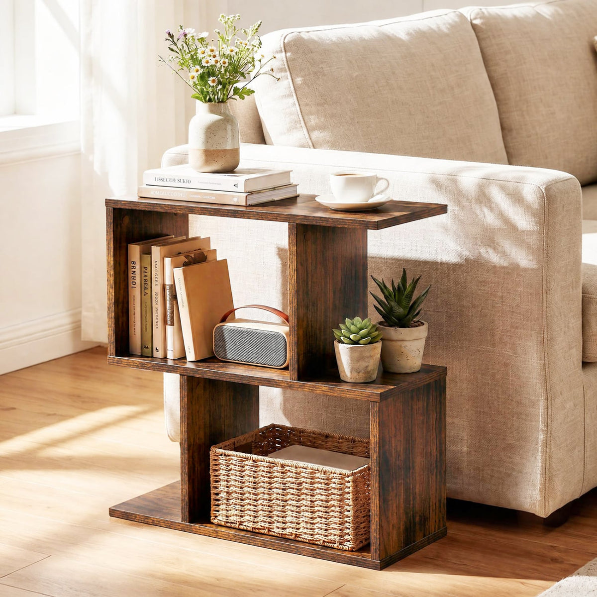 3-Tier Geometric Bookshelf Freestanding Display Shelf Side Table Set of 2-Brown-Bookcases-DECOROLALA