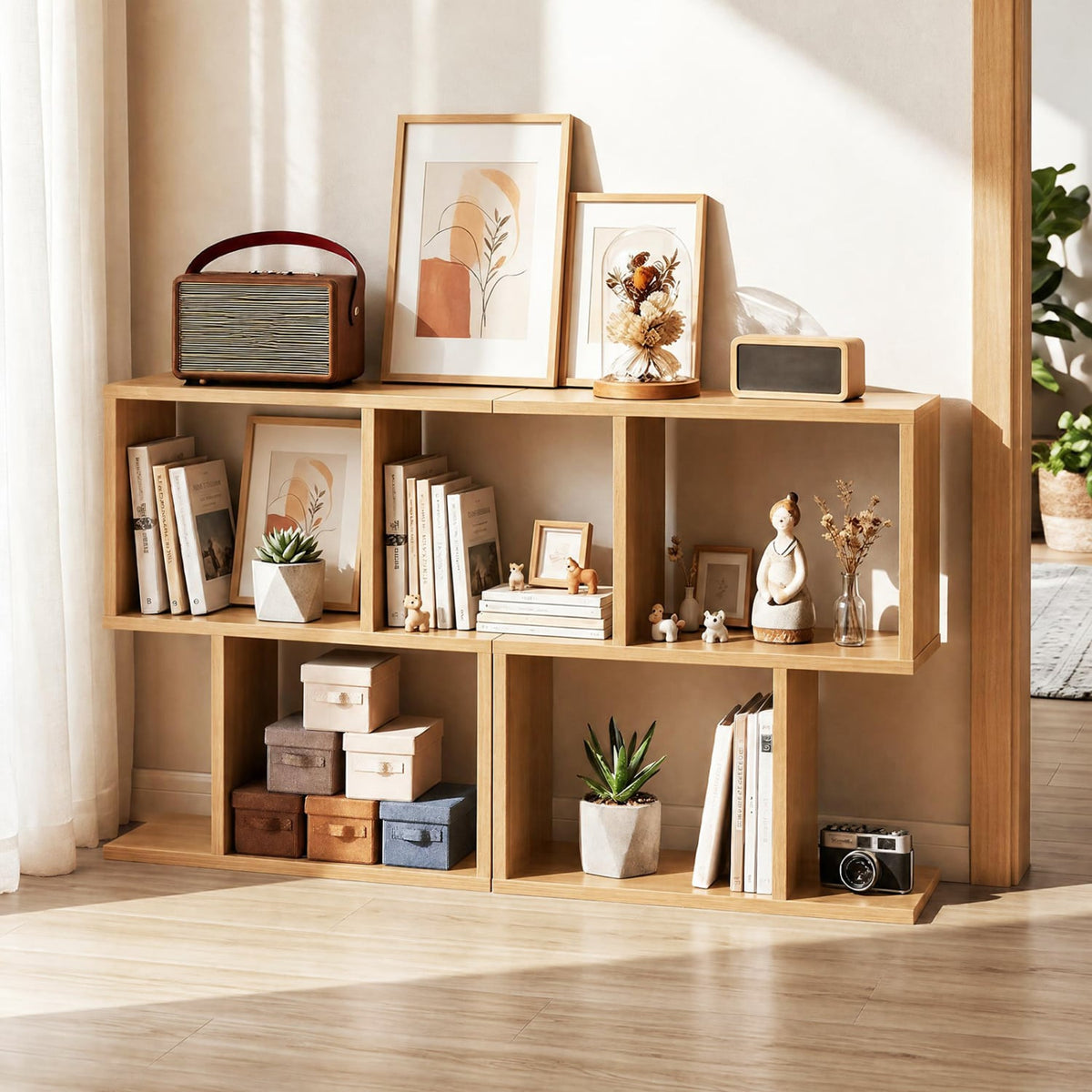 3-Tier Geometric Bookshelf Freestanding Display Shelf Side Table Set of 2-Natural-Bookcases-DECOROLALA