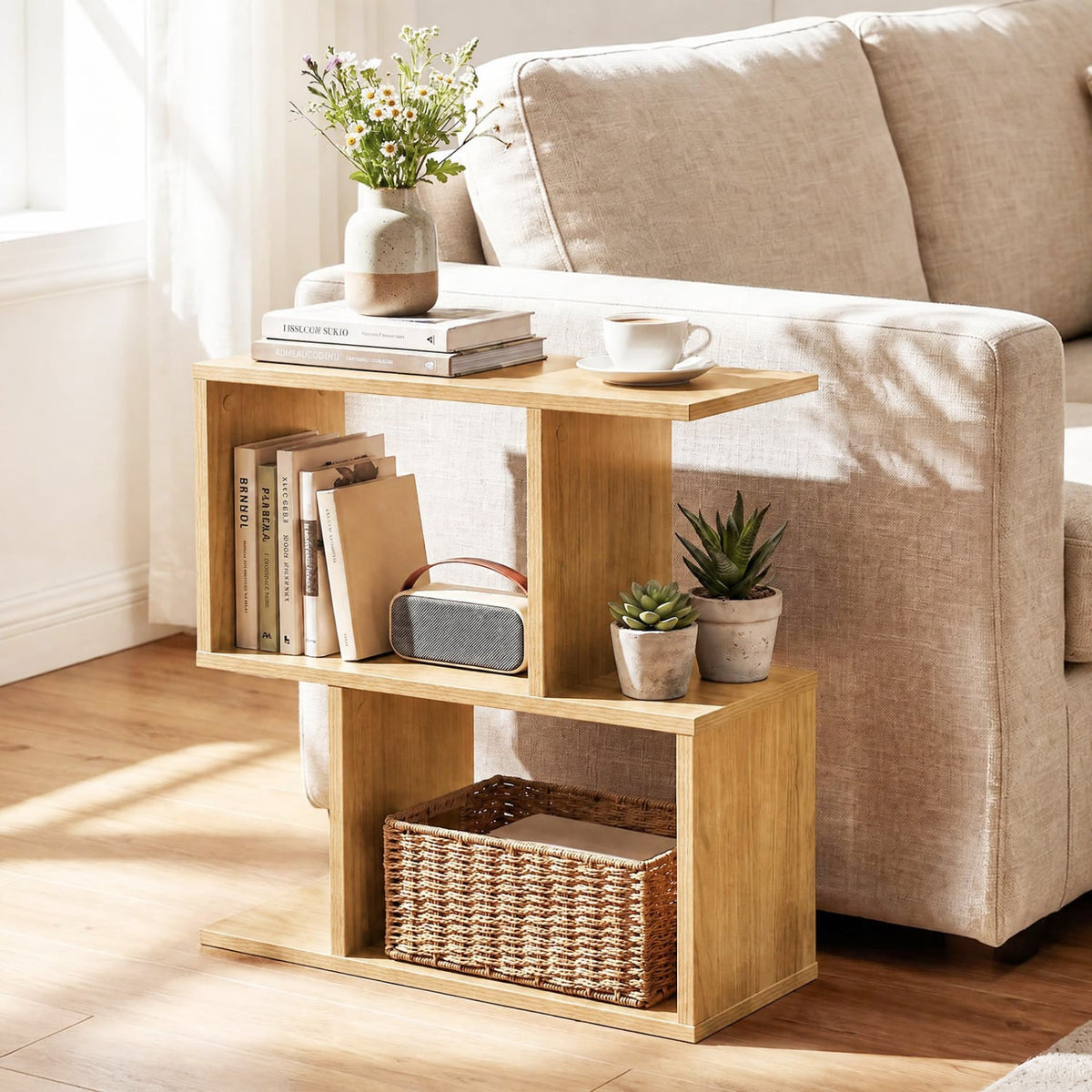 3-Tier Geometric Bookshelf Freestanding Display Shelf Side Table Set of 2-Natural-Bookcases-DECOROLALA