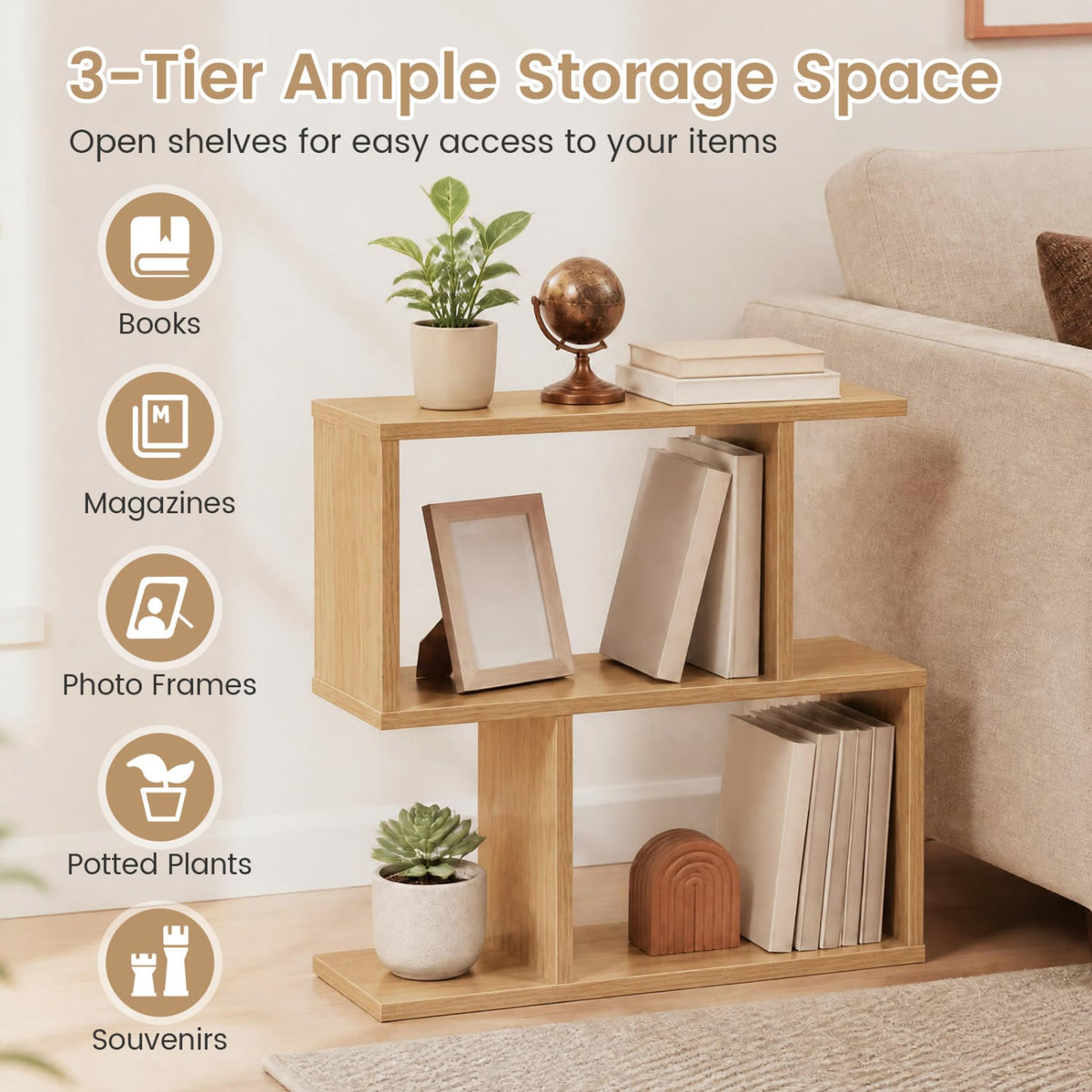 3-Tier Geometric Bookshelf Freestanding Display Shelf Side Table Set of 2-Natural-Bookcases-DECOROLALA