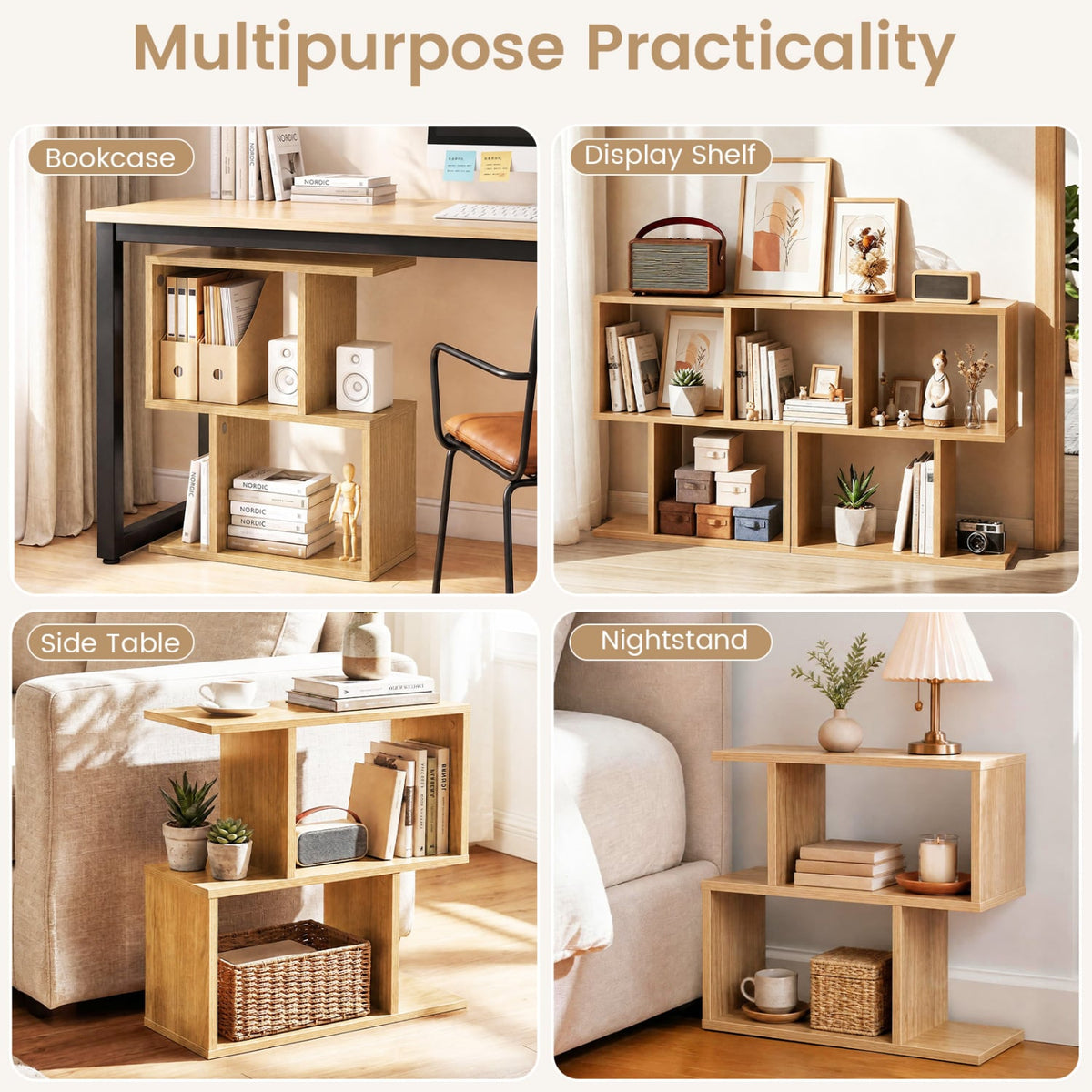3-Tier Geometric Bookshelf Freestanding Display Shelf Side Table Set of 2-Natural-Bookcases-DECOROLALA