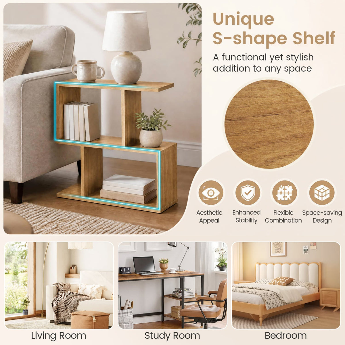 3-Tier Geometric Bookshelf Freestanding Display Shelf Side Table Set of 2-Natural-Bookcases-DECOROLALA