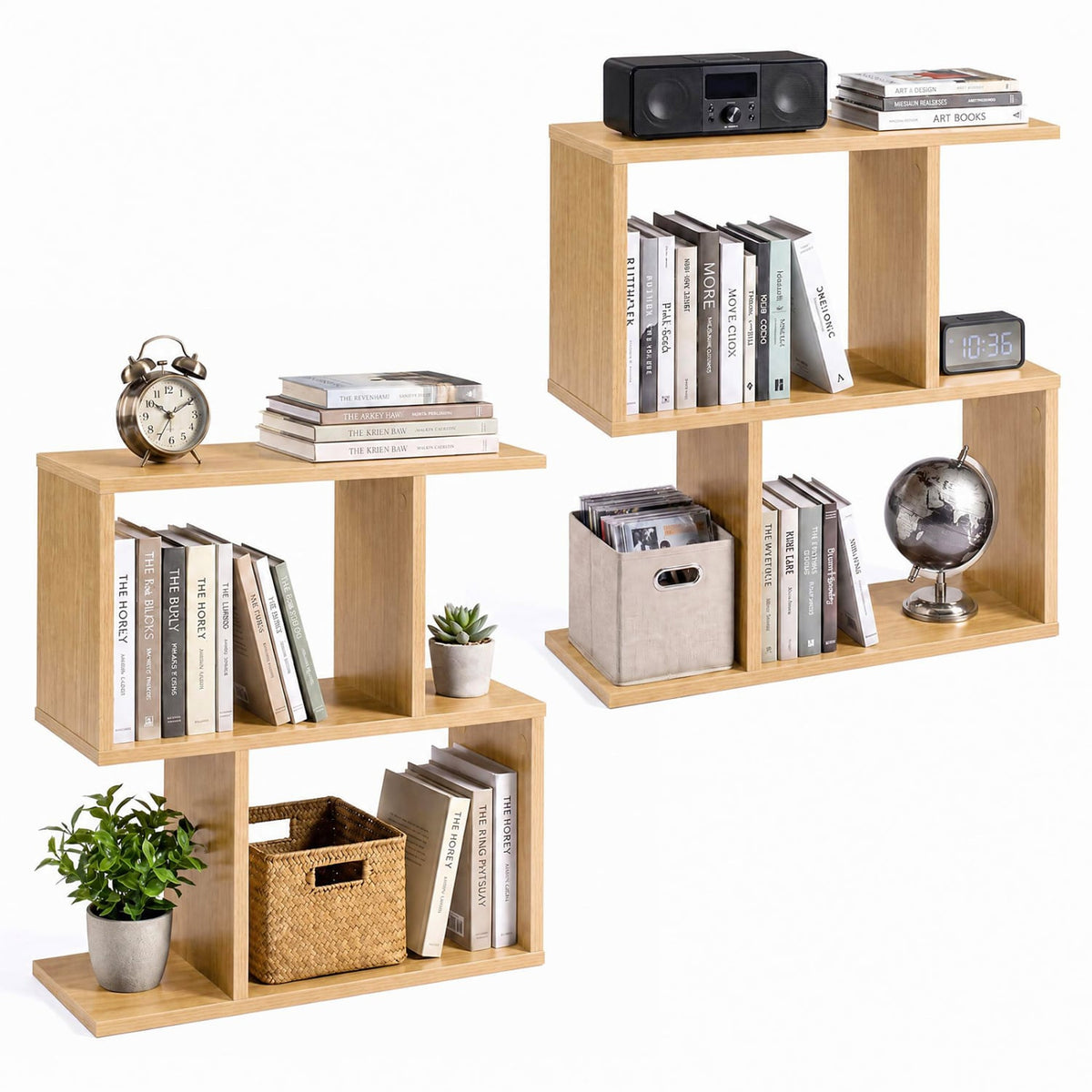 3-Tier Geometric Bookshelf Freestanding Display Shelf Side Table Set of 2-Natural-Bookcases-DECOROLALA