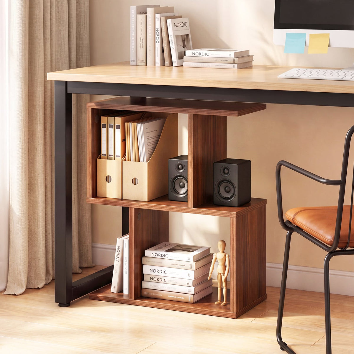 3-Tier Geometric Bookshelf Freestanding Display Shelf Side Table Set of 2-Walnut-Bookcases-DECOROLALA