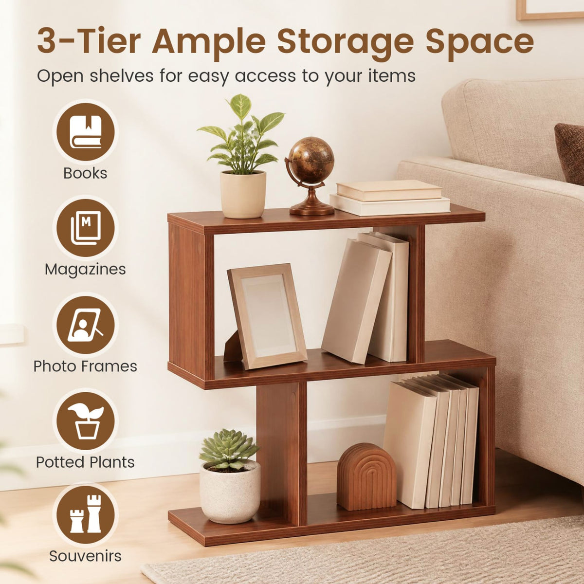 3-Tier Geometric Bookshelf Freestanding Display Shelf Side Table Set of 2-Walnut-Bookcases-DECOROLALA