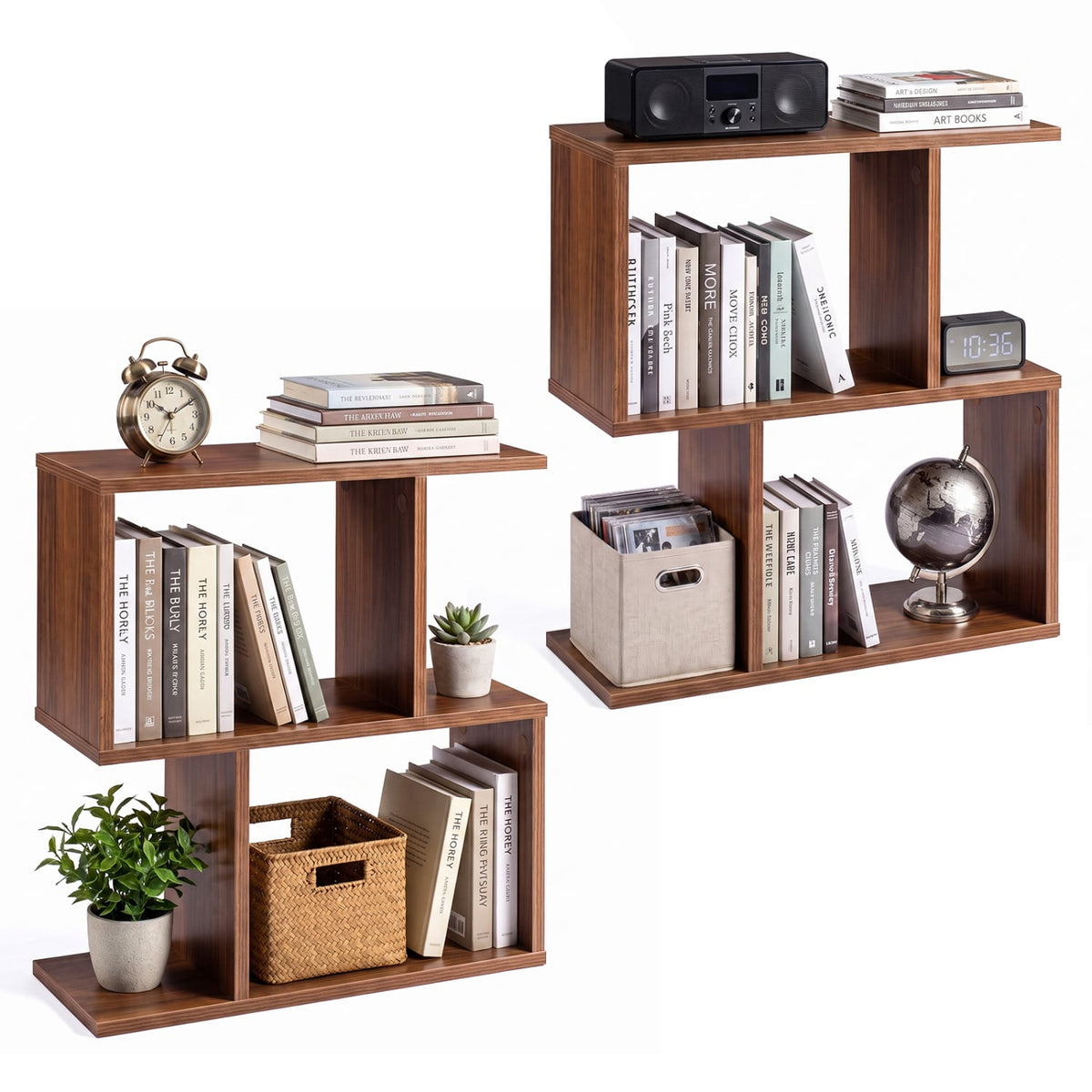 3-Tier Geometric Bookshelf Freestanding Display Shelf Side Table Set of 2-Walnut-Bookcases-DECOROLALA