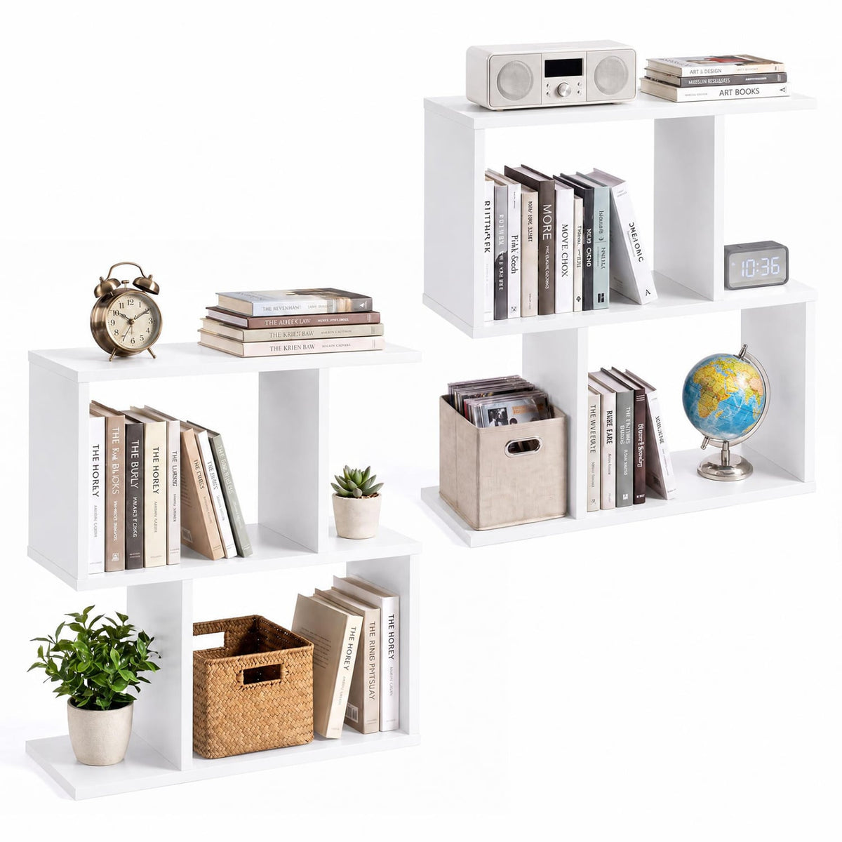 3-Tier Geometric Bookshelf Freestanding Display Shelf Side Table Set of 2-White-Bookcases-DECOROLALA