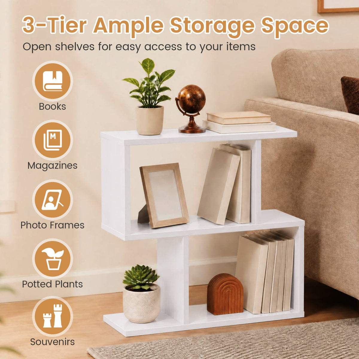 3-Tier Geometric Bookshelf Freestanding Display Shelf Side Table Set of 2-White-Bookcases-DECOROLALA