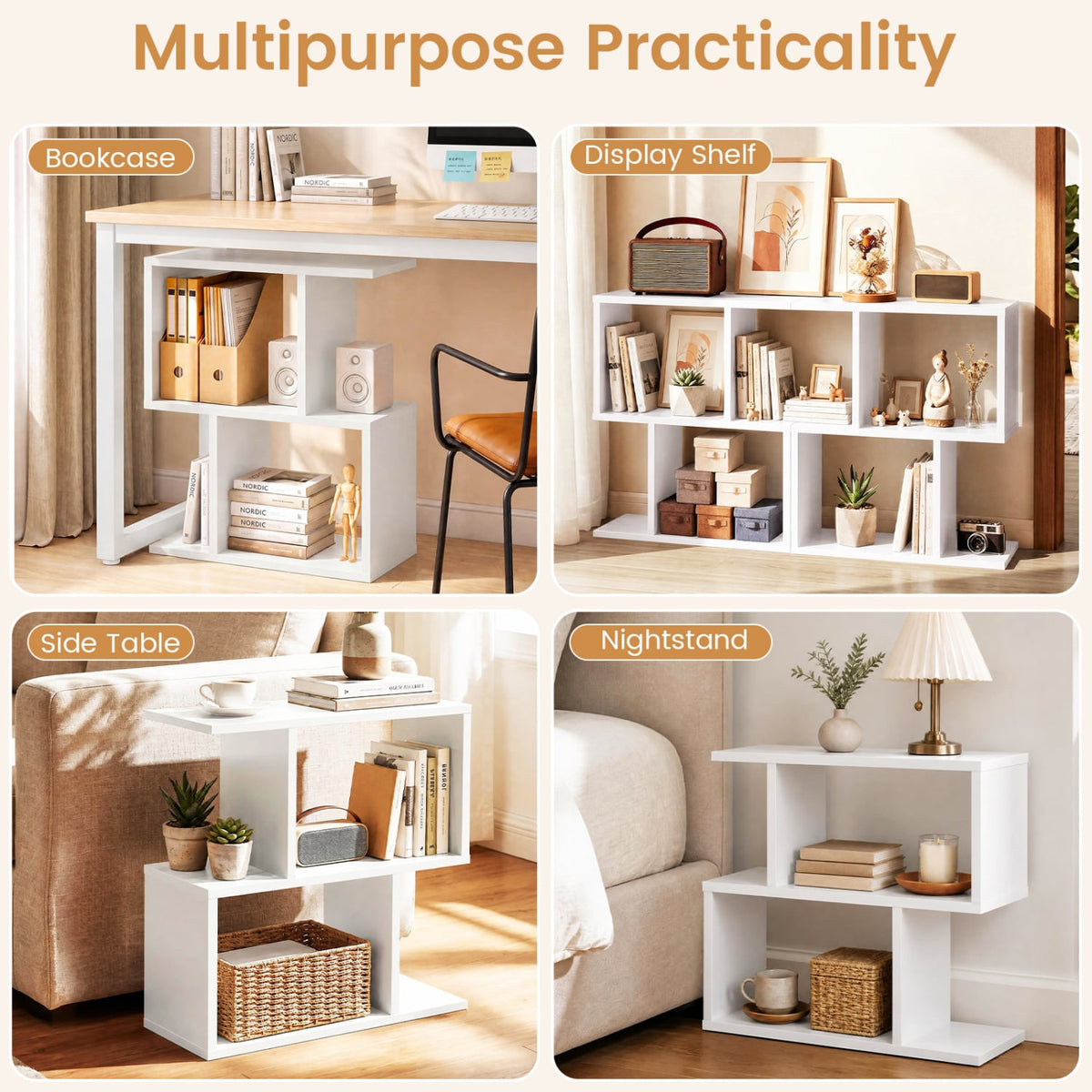 3-Tier Geometric Bookshelf Freestanding Display Shelf Side Table Set of 2-White-Bookcases-DECOROLALA
