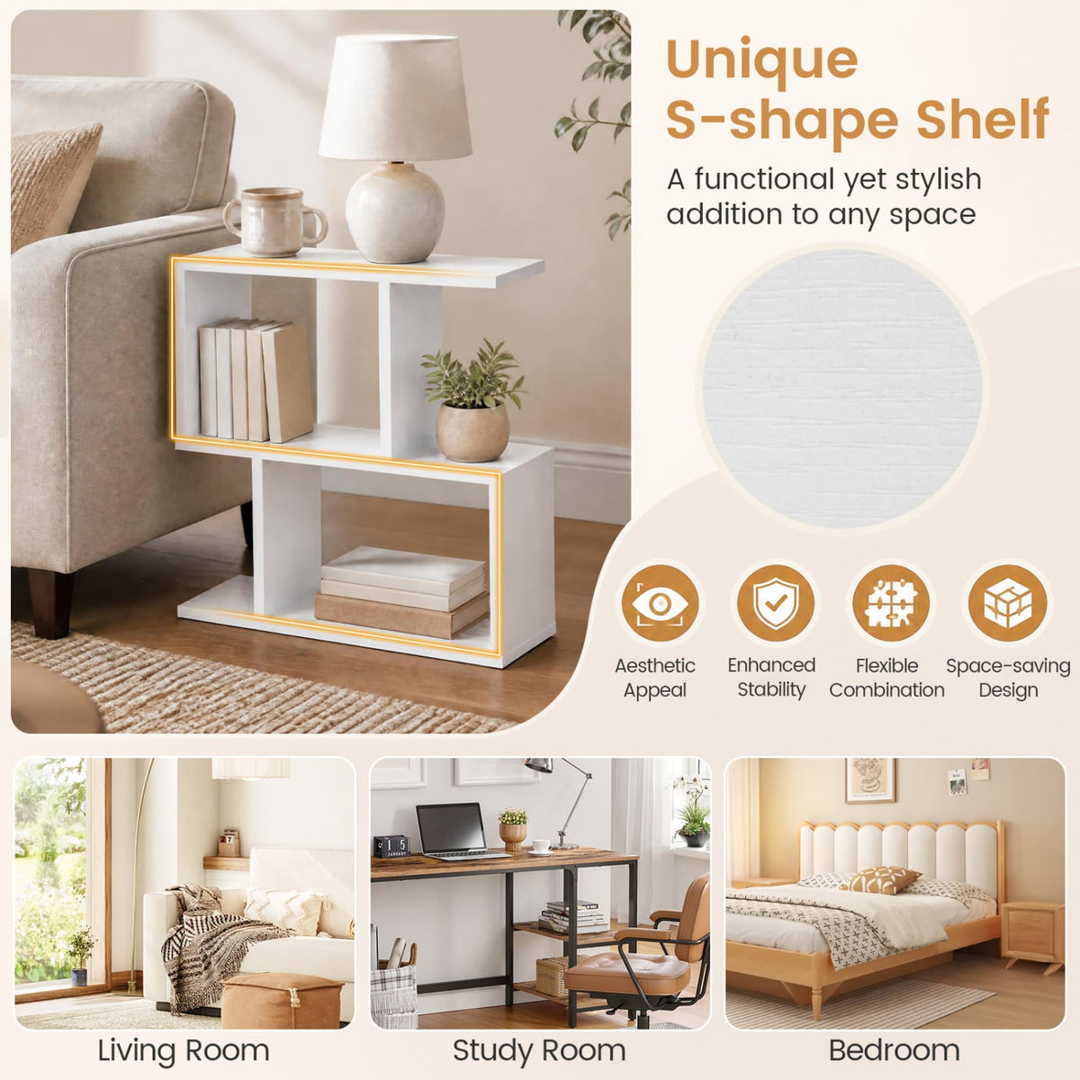 3-Tier Geometric Bookshelf Freestanding Display Shelf Side Table Set of 2-White-Bookcases-DECOROLALA