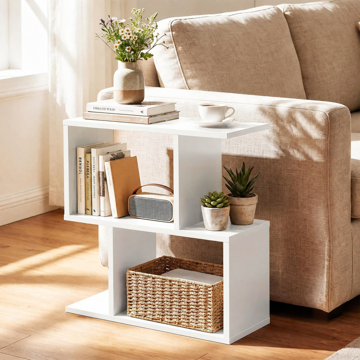 3-Tier Geometric Bookshelf Freestanding Display Shelf Side Table Set of 2-White-Bookcases-DECOROLALA