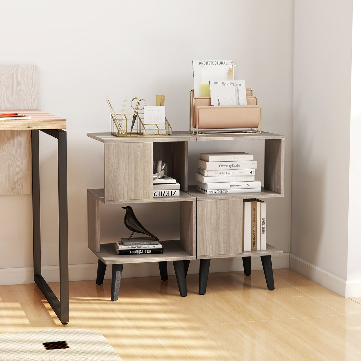 3-Tier Geometric Bookshelf Set of 2 with Open Storage Shelves-Nightstands-DECOROLALA