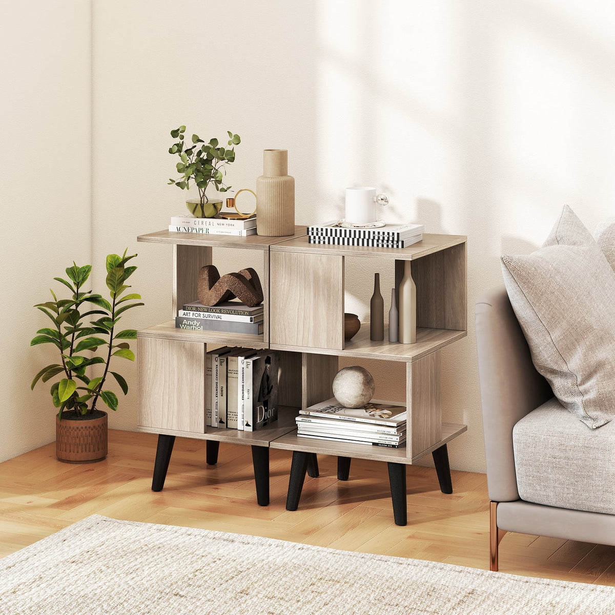 3-Tier Geometric Bookshelf Set of 2 with Open Storage Shelves-Nightstands-DECOROLALA