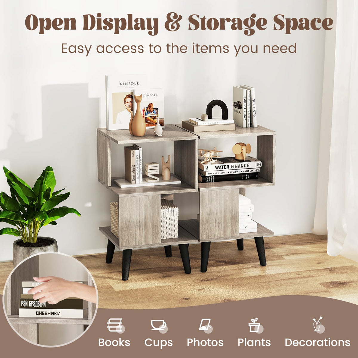3-Tier Geometric Bookshelf Set of 2 with Open Storage Shelves-Nightstands-DECOROLALA