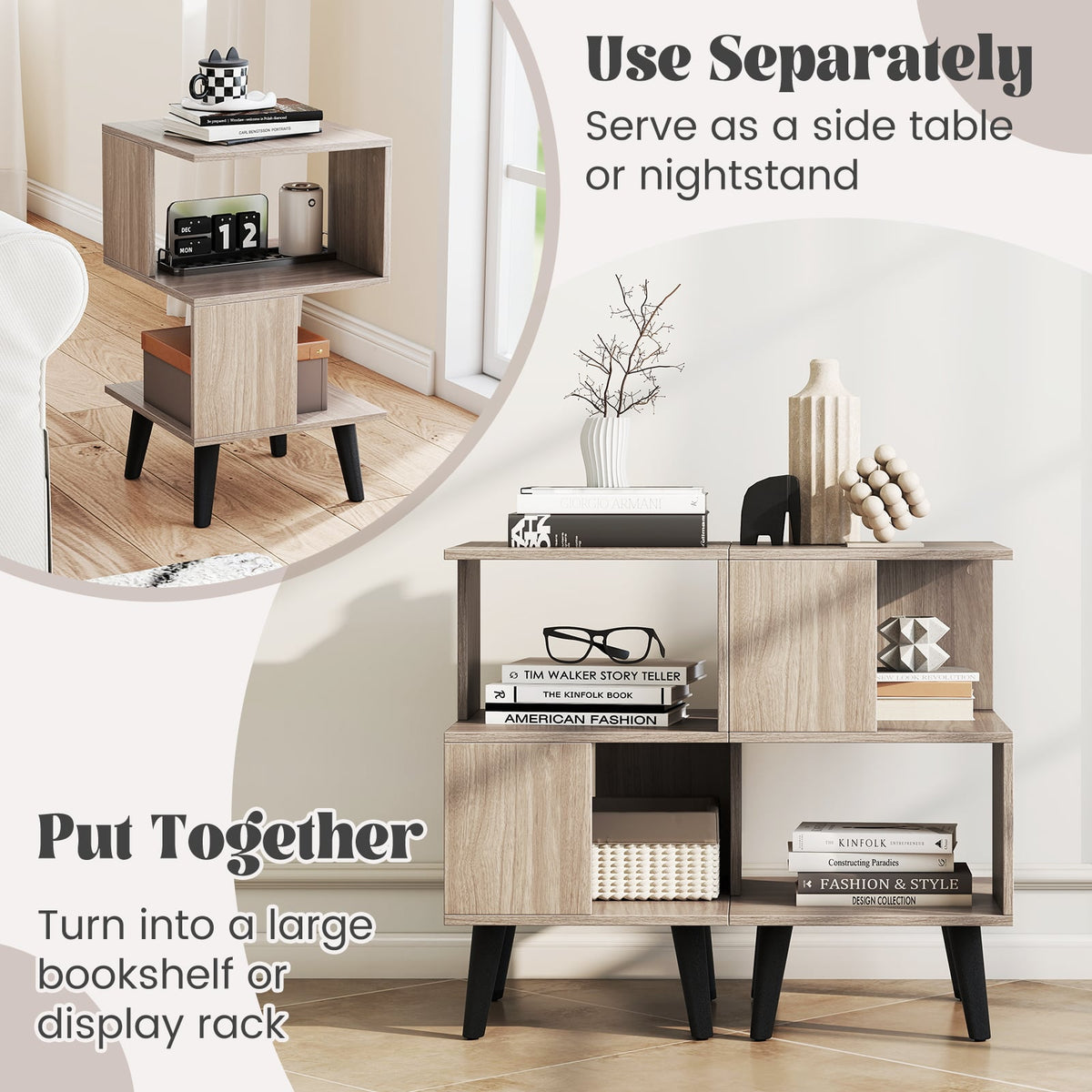 3-Tier Geometric Bookshelf Set of 2 with Open Storage Shelves-Nightstands-DECOROLALA