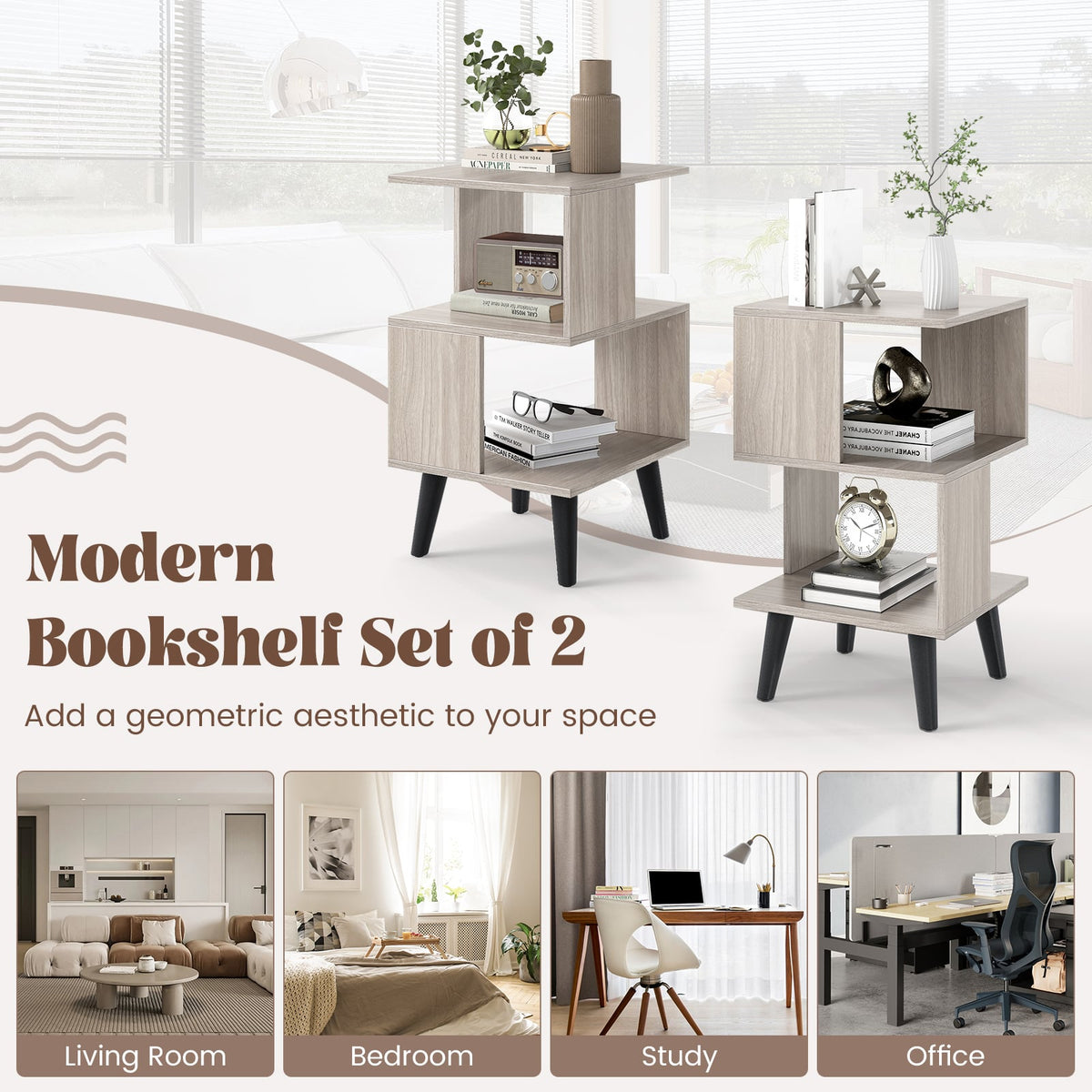 3-Tier Geometric Bookshelf Set of 2 with Open Storage Shelves-Nightstands-DECOROLALA