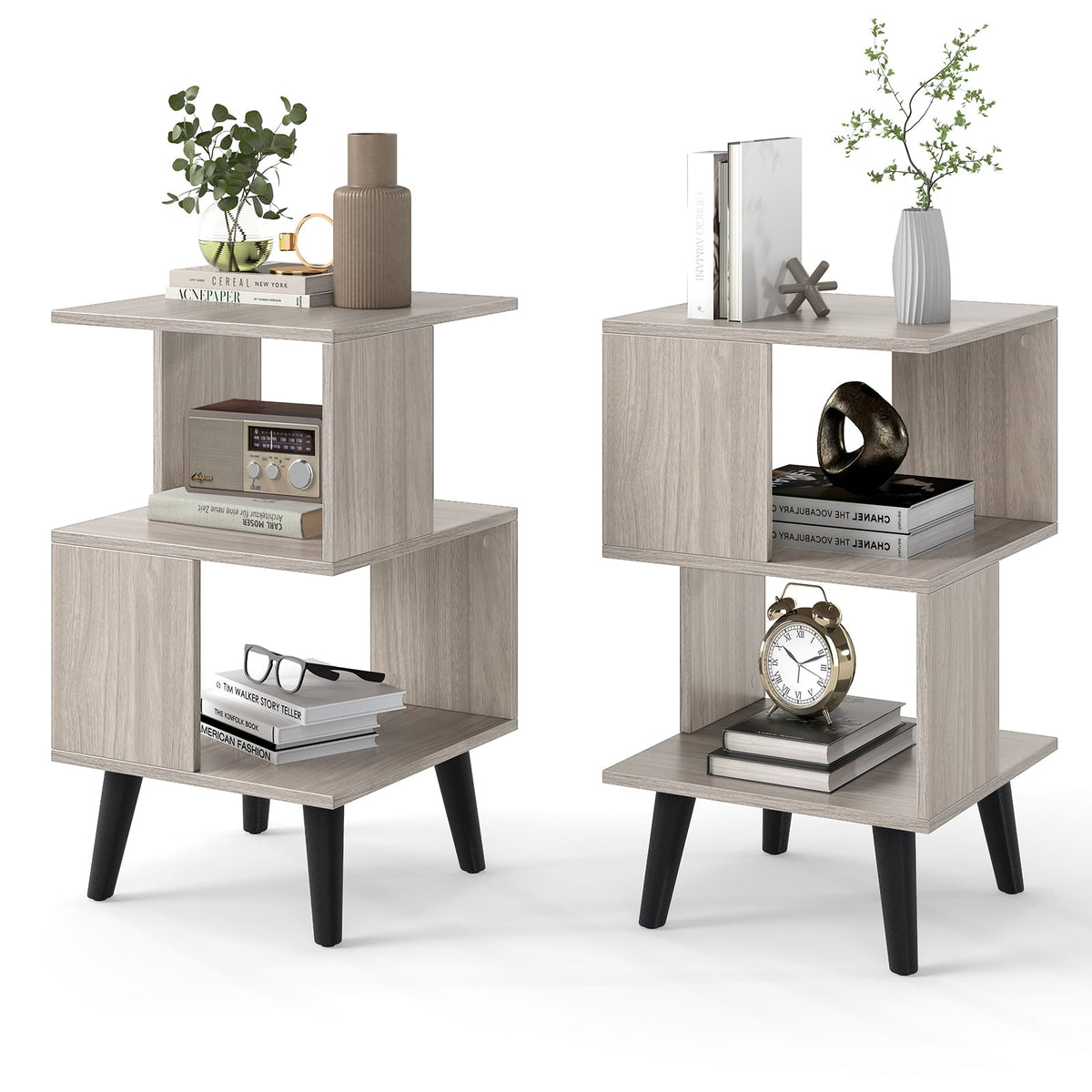3-Tier Geometric Bookshelf Set of 2 with Open Storage Shelves-Nightstands-DECOROLALA