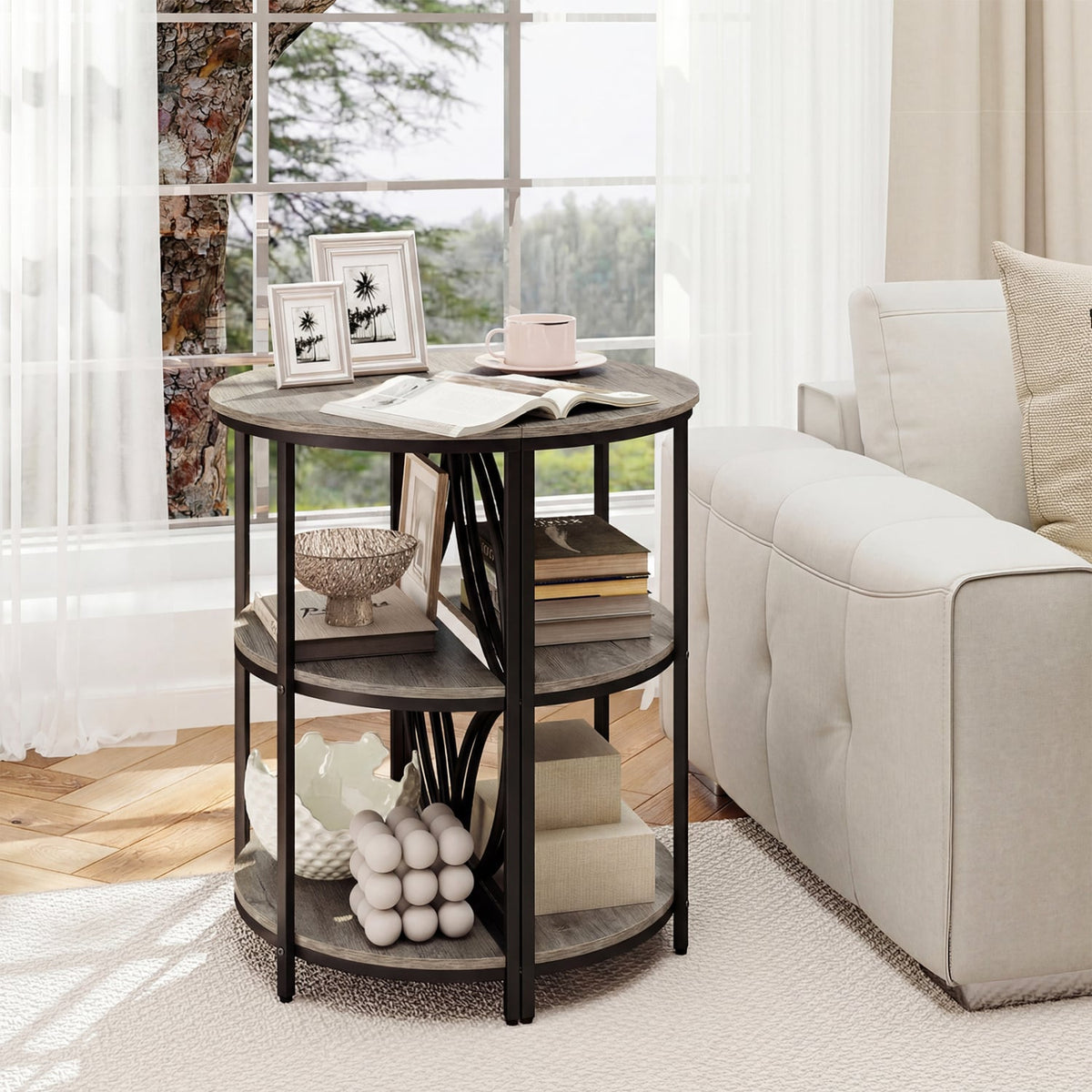 3-Tier Half Round End Table with Study Metal Frame for Living Room-Gray-End & Side Tables-DECOROLALA