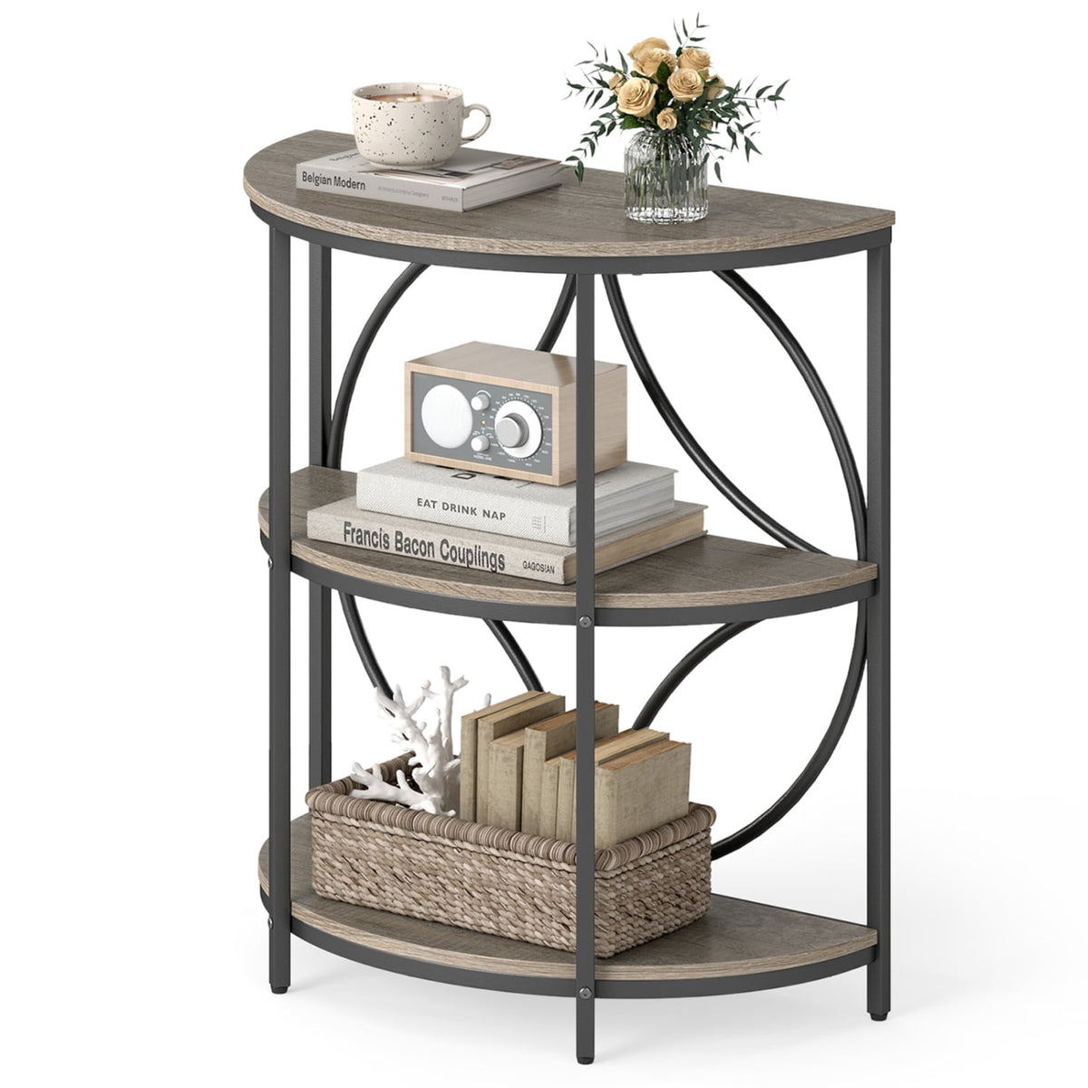 3-Tier Half Round End Table with Study Metal Frame for Living Room-Gray-End & Side Tables-DECOROLALA