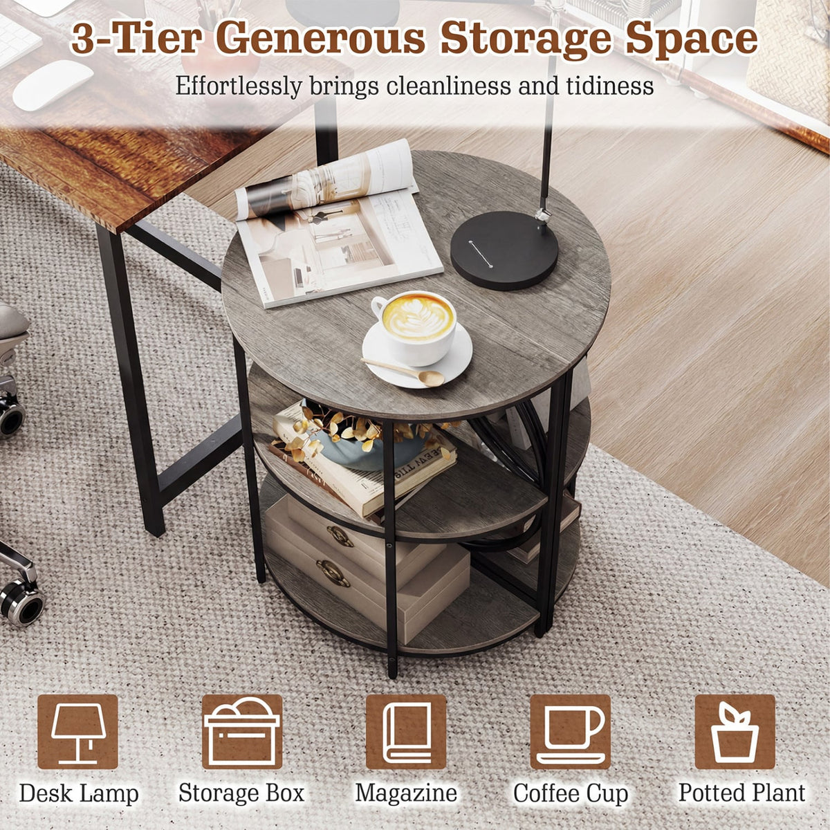 3-Tier Half Round End Table with Study Metal Frame for Living Room-Gray-End & Side Tables-DECOROLALA